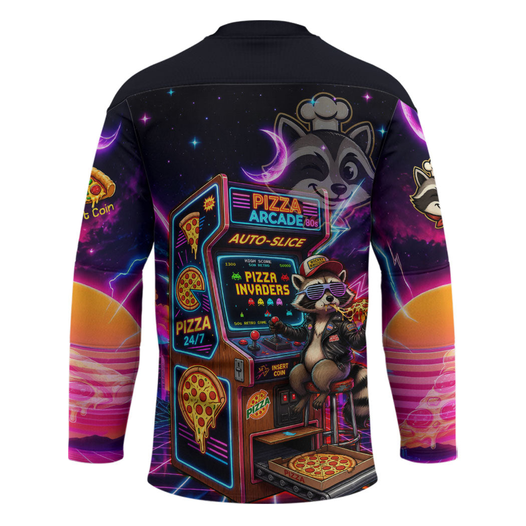 Retro Raccoon Eating Pizza Hockey Jersey 80s Synthwave Pizza Arcade Neon Gaming Aesthetic