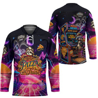 Retro Raccoon Eating Pizza Hockey Jersey 80s Synthwave Pizza Arcade Neon Gaming Aesthetic