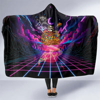 Retro Raccoon Eating Pizza Hooded Blanket 80s Synthwave Pizza Arcade Neon Gaming Aesthetic