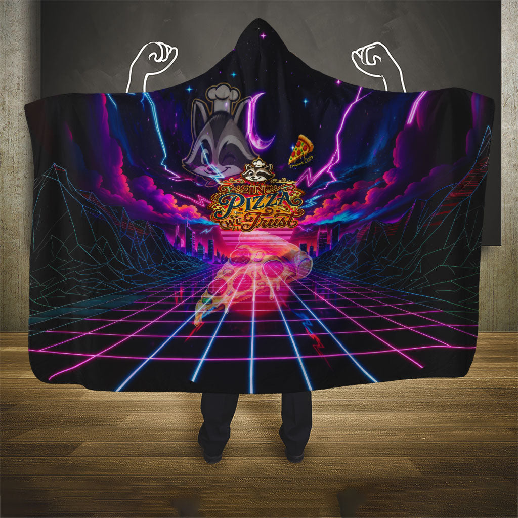 Retro Raccoon Eating Pizza Hooded Blanket 80s Synthwave Pizza Arcade Neon Gaming Aesthetic