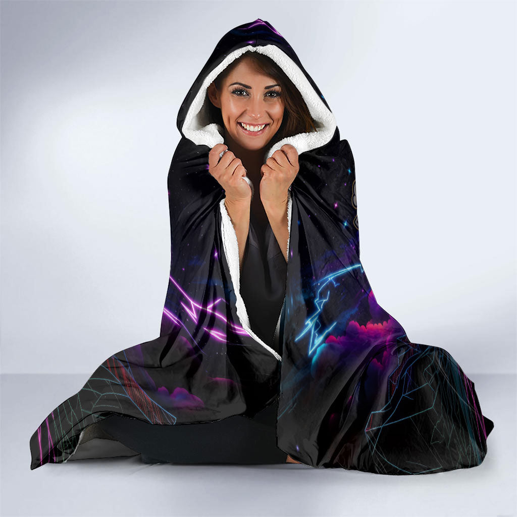 Retro Raccoon Eating Pizza Hooded Blanket 80s Synthwave Pizza Arcade Neon Gaming Aesthetic