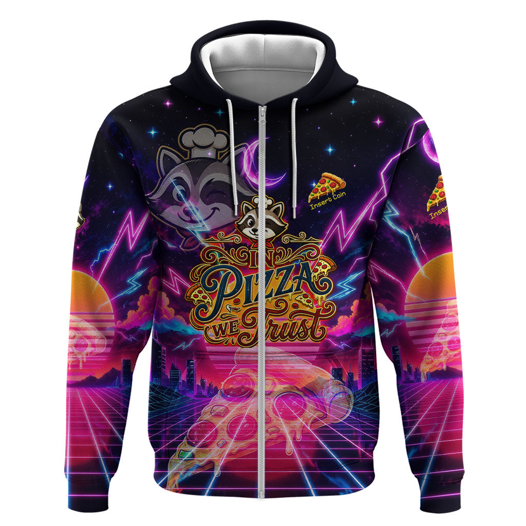Retro Raccoon Eating Pizza Hoodie 80s Synthwave Pizza Arcade Neon Gaming Aesthetic