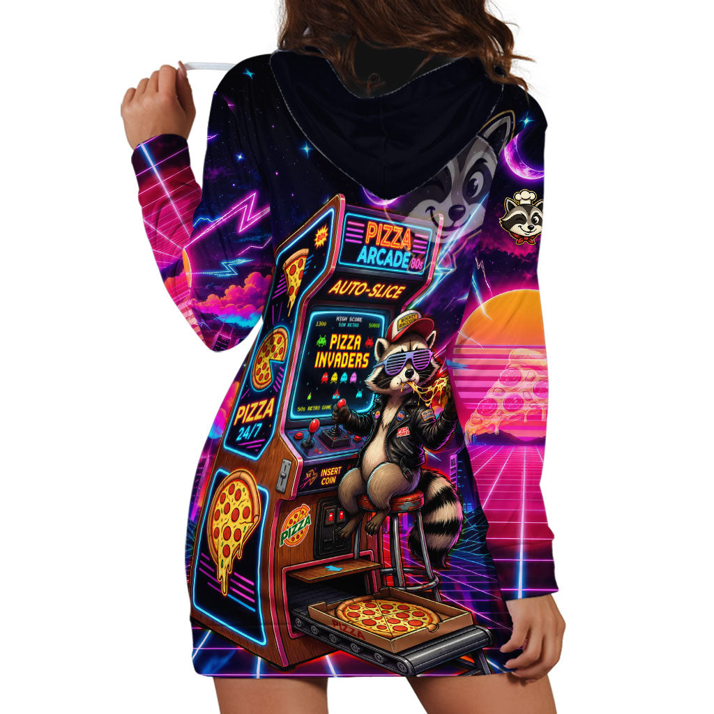 Retro Raccoon Eating Pizza Hoodie Dress 80s Synthwave Pizza Arcade Neon Gaming Aesthetic