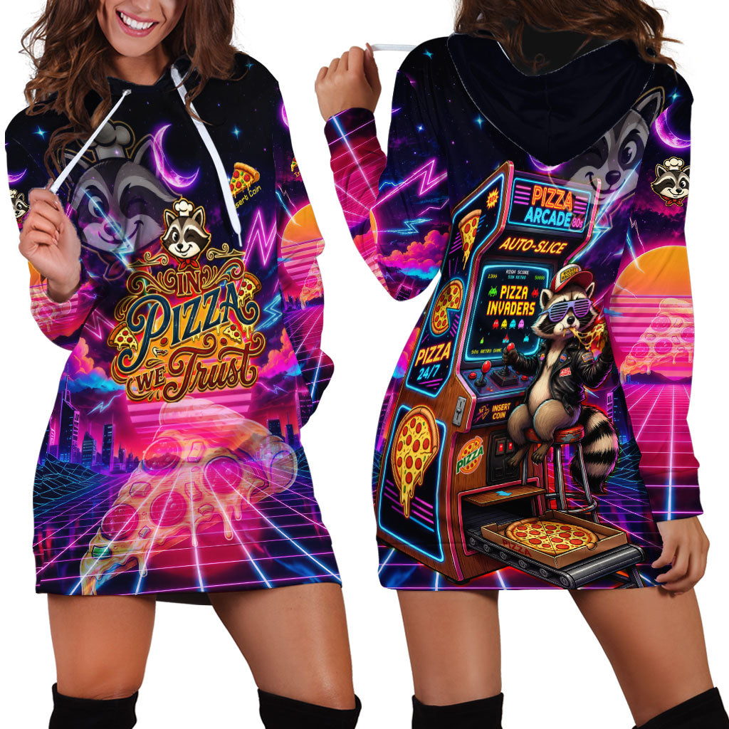 Retro Raccoon Eating Pizza Hoodie Dress 80s Synthwave Pizza Arcade Neon Gaming Aesthetic