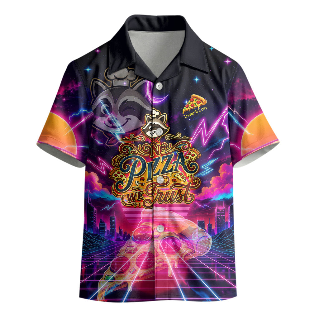 Retro Raccoon Eating Pizza Kid Hawaiian Shirt 80s Synthwave Pizza Arcade Neon Gaming Aesthetic
