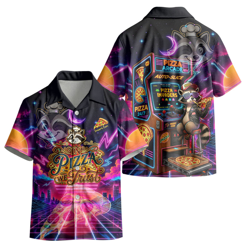 Retro Raccoon Eating Pizza Kid Hawaiian Shirt 80s Synthwave Pizza Arcade Neon Gaming Aesthetic