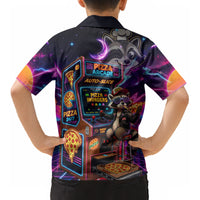 Retro Raccoon Eating Pizza Kid Hawaiian Shirt 80s Synthwave Pizza Arcade Neon Gaming Aesthetic
