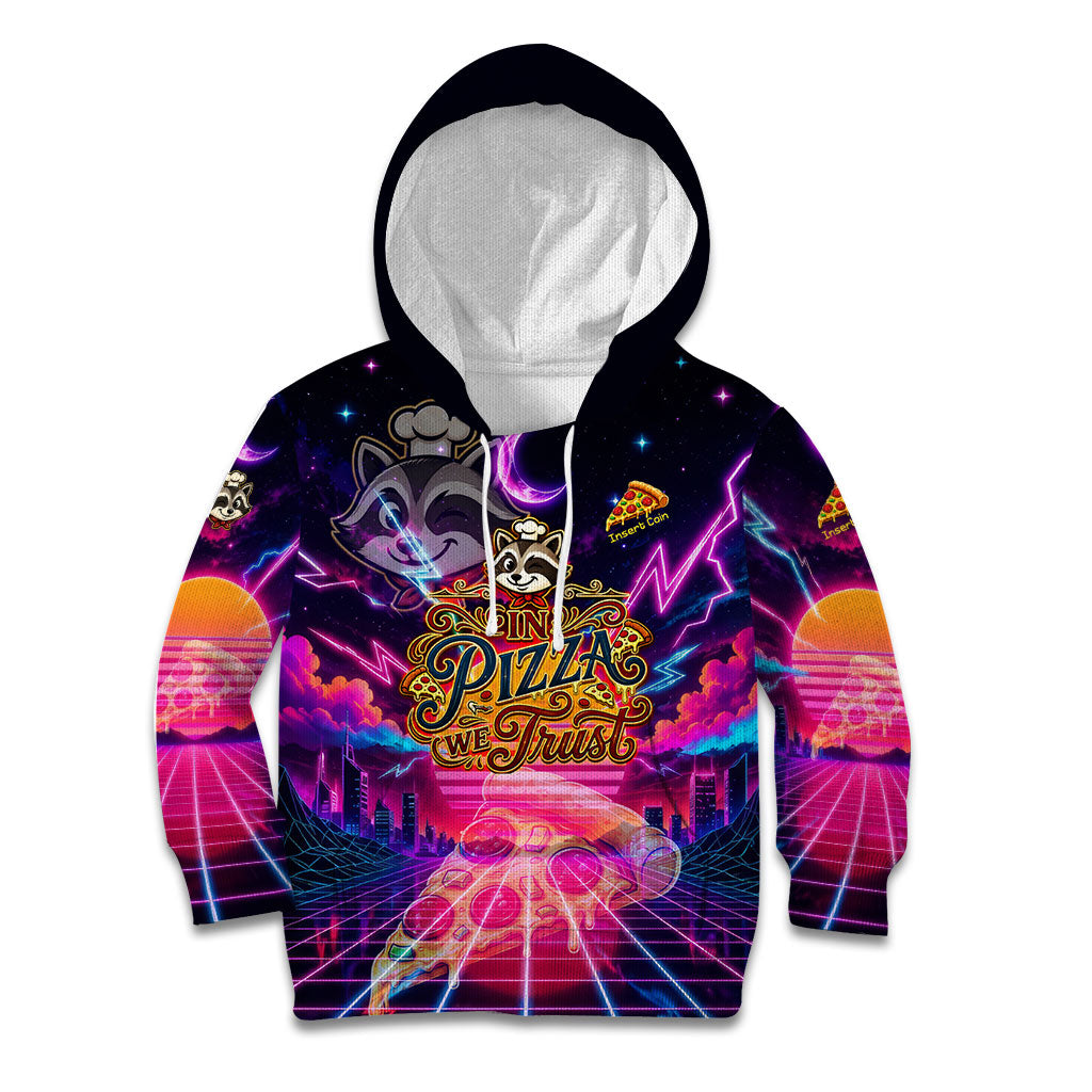 Retro Raccoon Eating Pizza Kid Hoodie 80s Synthwave Pizza Arcade Neon Gaming Aesthetic