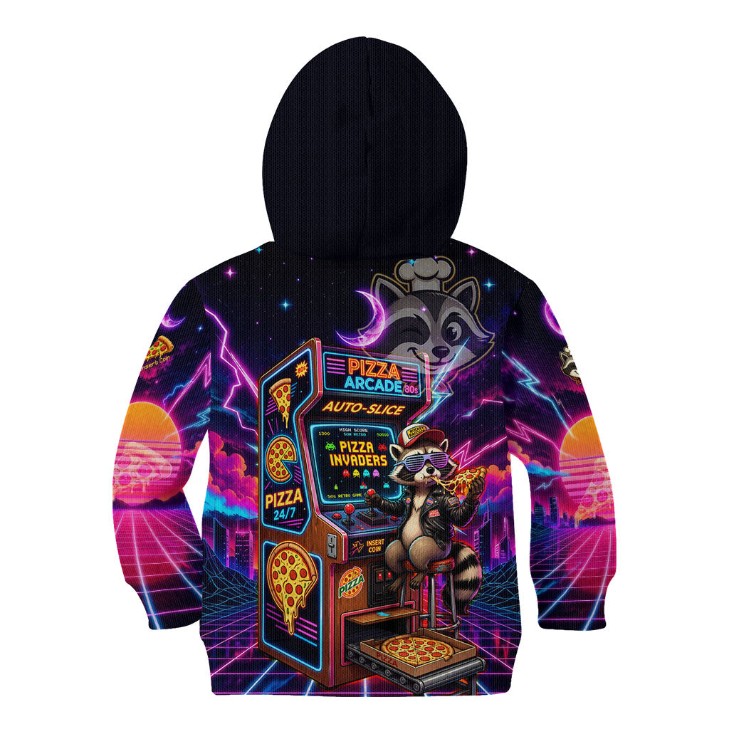 Retro Raccoon Eating Pizza Kid Hoodie 80s Synthwave Pizza Arcade Neon Gaming Aesthetic