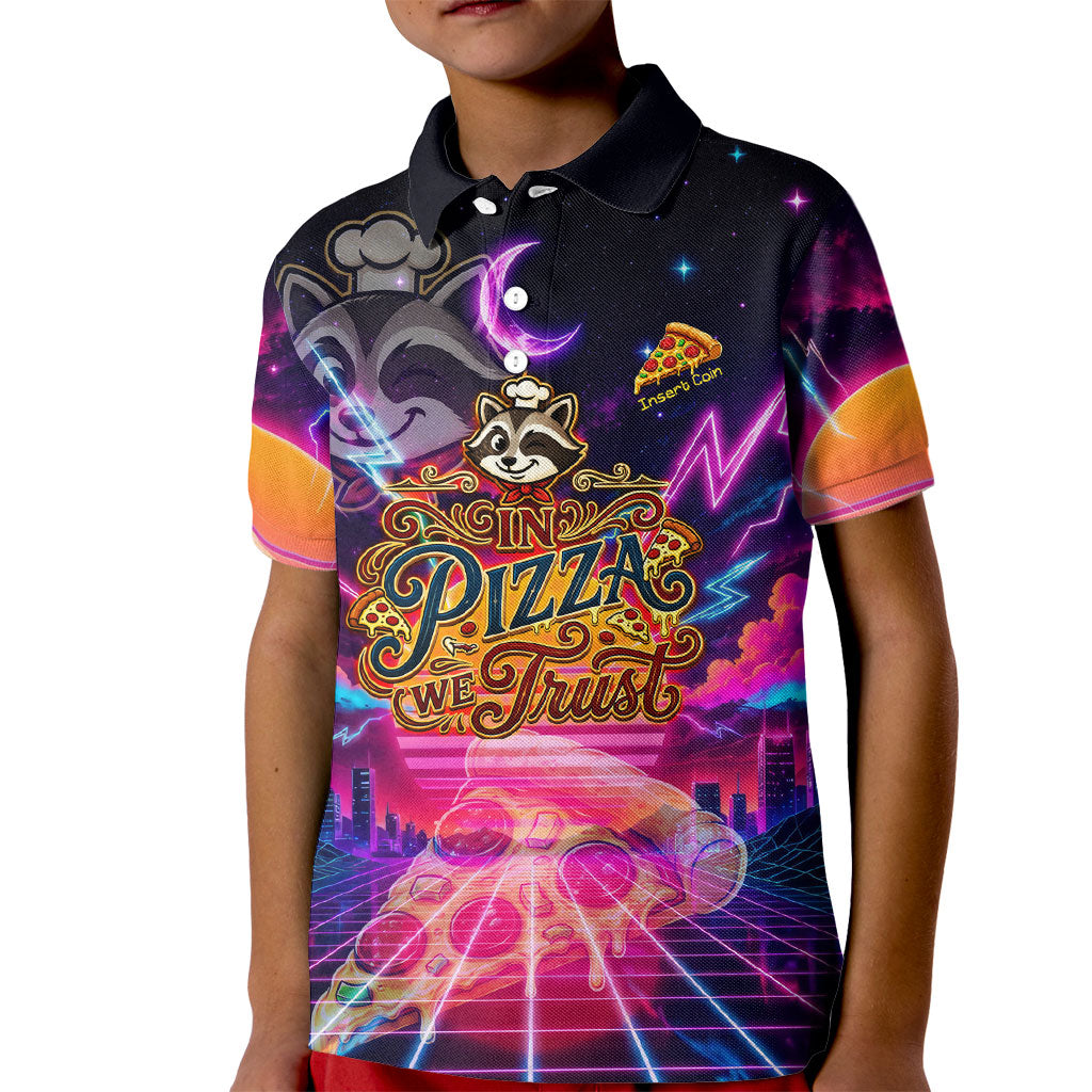 Retro Raccoon Eating Pizza Kid Polo Shirt 80s Synthwave Pizza Arcade Neon Gaming Aesthetic