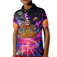 Retro Raccoon Eating Pizza Kid Polo Shirt 80s Synthwave Pizza Arcade Neon Gaming Aesthetic