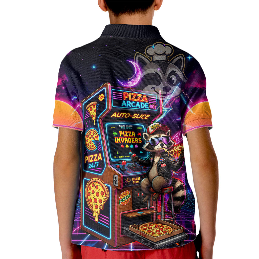 Retro Raccoon Eating Pizza Kid Polo Shirt 80s Synthwave Pizza Arcade Neon Gaming Aesthetic
