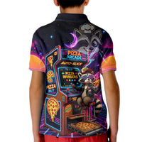 Retro Raccoon Eating Pizza Kid Polo Shirt 80s Synthwave Pizza Arcade Neon Gaming Aesthetic