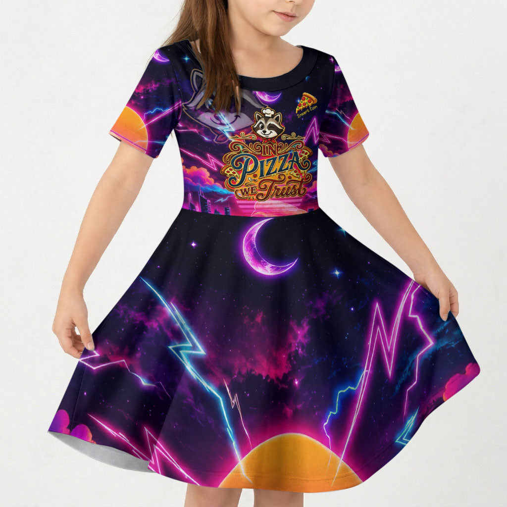 Retro Raccoon Eating Pizza Kid Short Sleeve Dress 80s Synthwave Pizza Arcade Neon Gaming Aesthetic