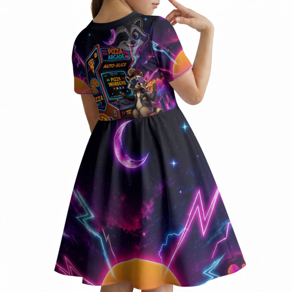 Retro Raccoon Eating Pizza Kid Short Sleeve Dress 80s Synthwave Pizza Arcade Neon Gaming Aesthetic