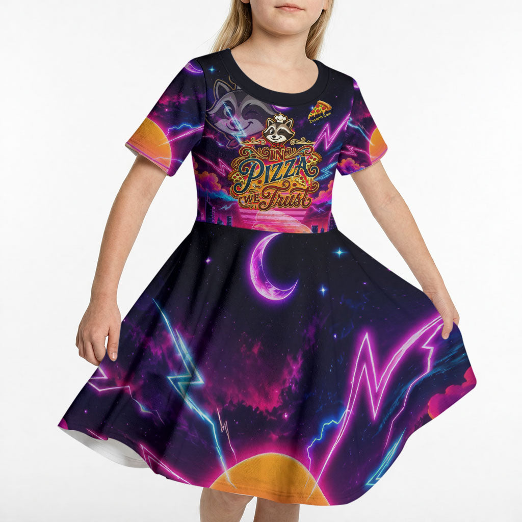 Retro Raccoon Eating Pizza Kid Short Sleeve Dress 80s Synthwave Pizza Arcade Neon Gaming Aesthetic