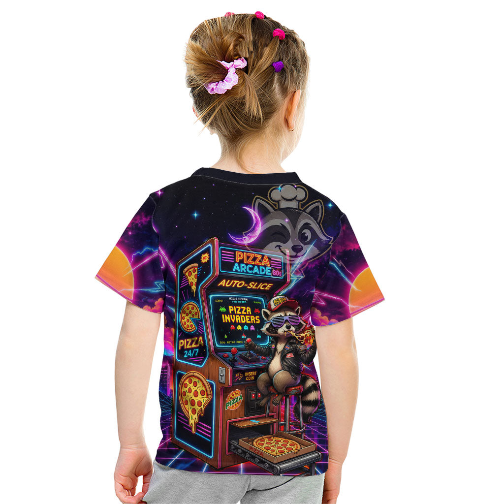 Retro Raccoon Eating Pizza Kid T Shirt 80s Synthwave Pizza Arcade Neon Gaming Aesthetic