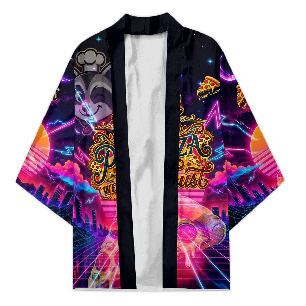 Retro Raccoon Eating Pizza Kimono 80s Synthwave Pizza Arcade Neon Gaming Aesthetic