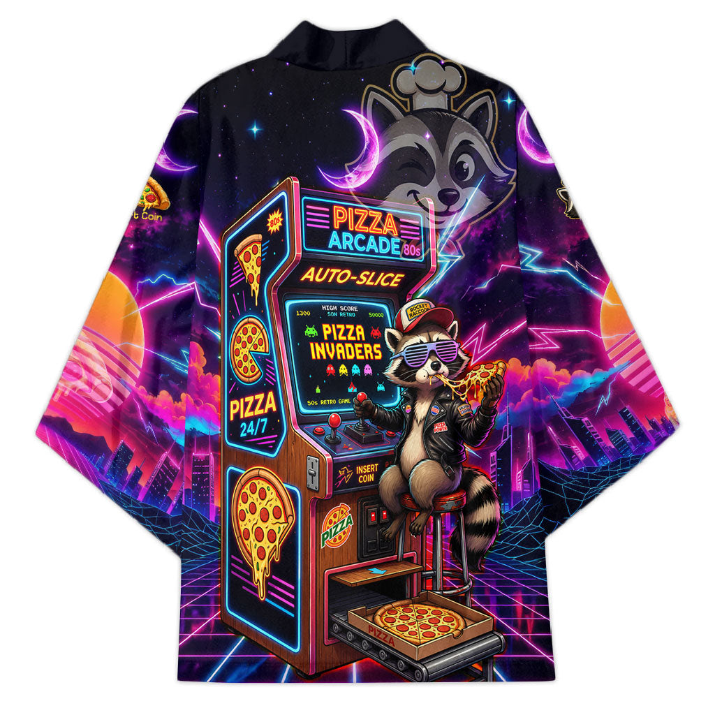 Retro Raccoon Eating Pizza Kimono 80s Synthwave Pizza Arcade Neon Gaming Aesthetic