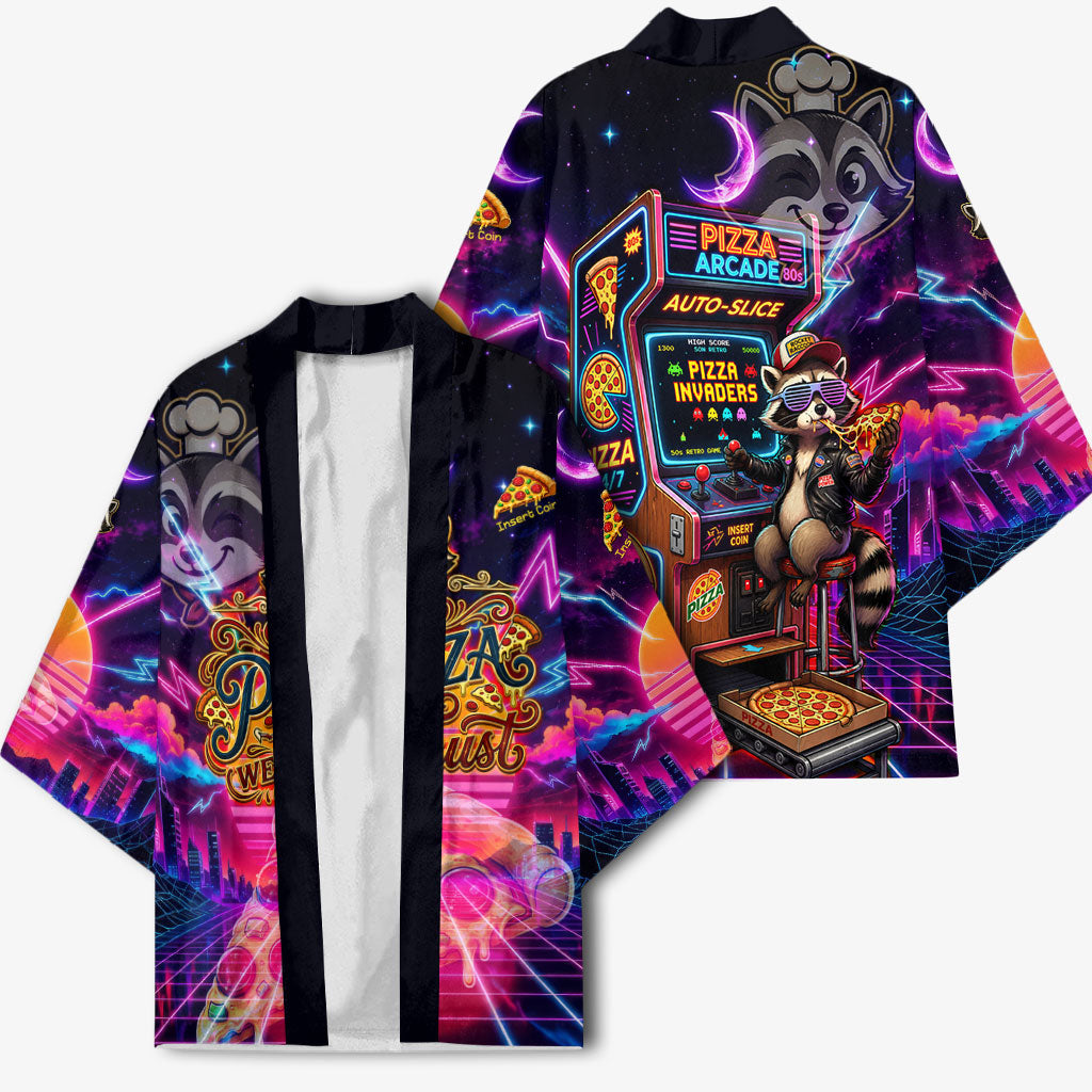Retro Raccoon Eating Pizza Kimono 80s Synthwave Pizza Arcade Neon Gaming Aesthetic