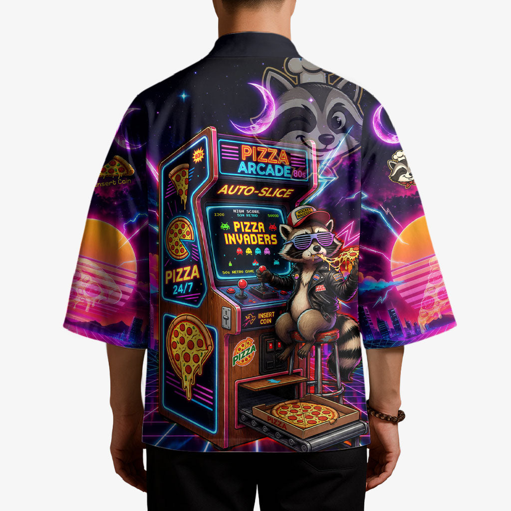 Retro Raccoon Eating Pizza Kimono 80s Synthwave Pizza Arcade Neon Gaming Aesthetic