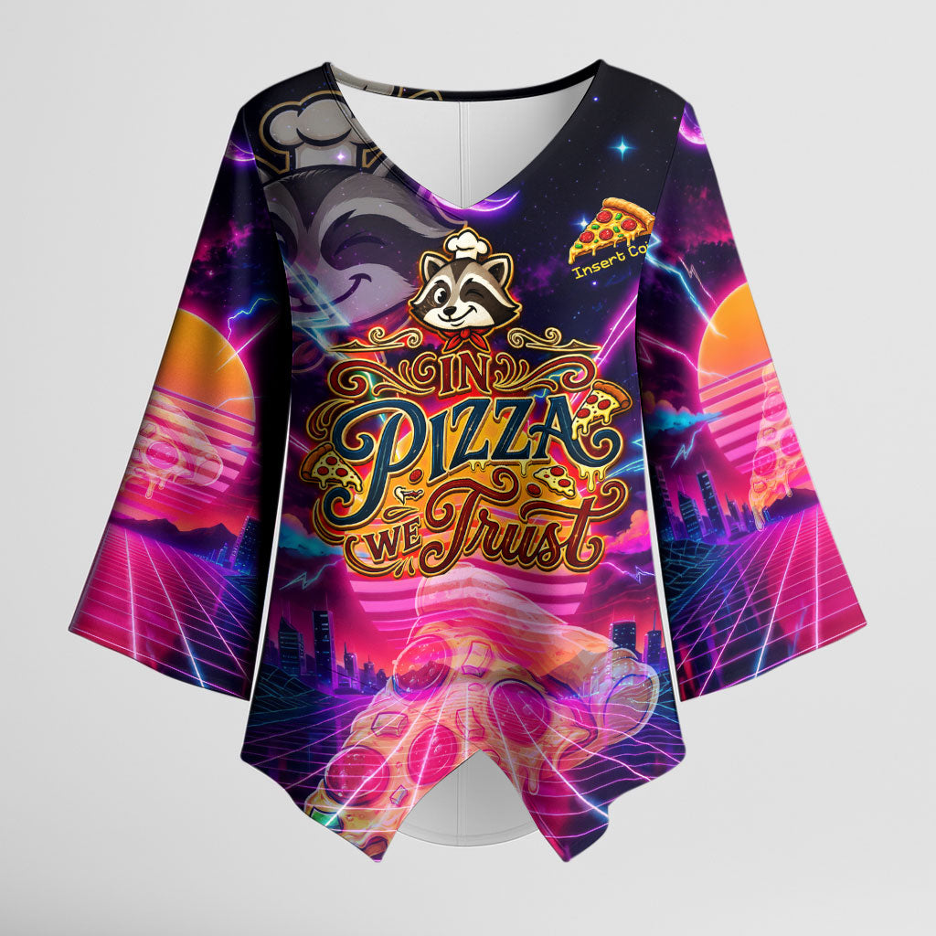 Retro Raccoon Eating Pizza Kimono Sleeve Blouse 80s Synthwave Pizza Arcade Neon Gaming Aesthetic
