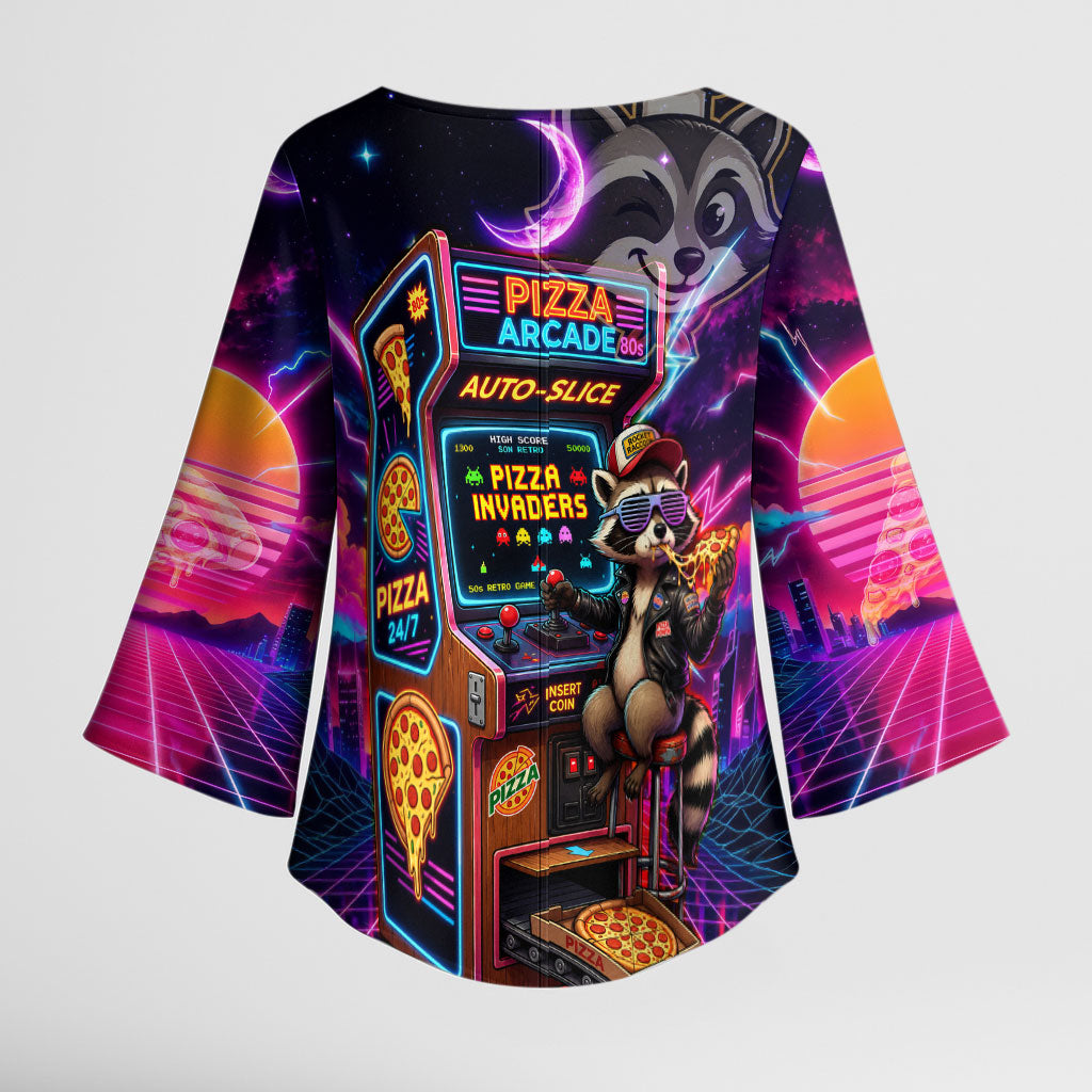 Retro Raccoon Eating Pizza Kimono Sleeve Blouse 80s Synthwave Pizza Arcade Neon Gaming Aesthetic
