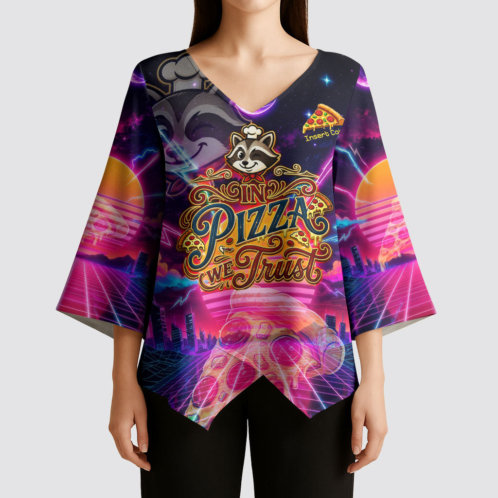 Retro Raccoon Eating Pizza Kimono Sleeve Blouse 80s Synthwave Pizza Arcade Neon Gaming Aesthetic