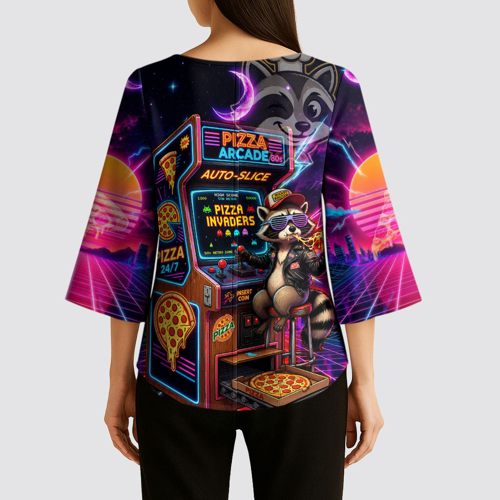 Retro Raccoon Eating Pizza Kimono Sleeve Blouse 80s Synthwave Pizza Arcade Neon Gaming Aesthetic