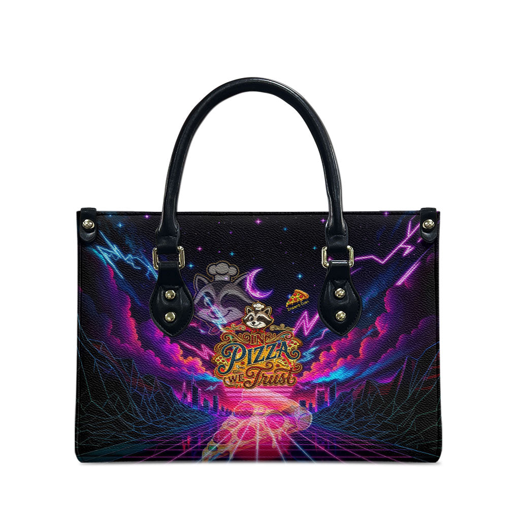 Retro Raccoon Eating Pizza Leather Bag 80s Synthwave Pizza Arcade Neon Gaming Aesthetic