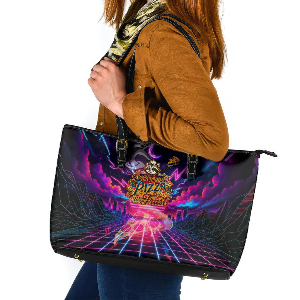 Retro Raccoon Eating Pizza Leather Tote Bag 80s Synthwave Pizza Arcade Neon Gaming Aesthetic
