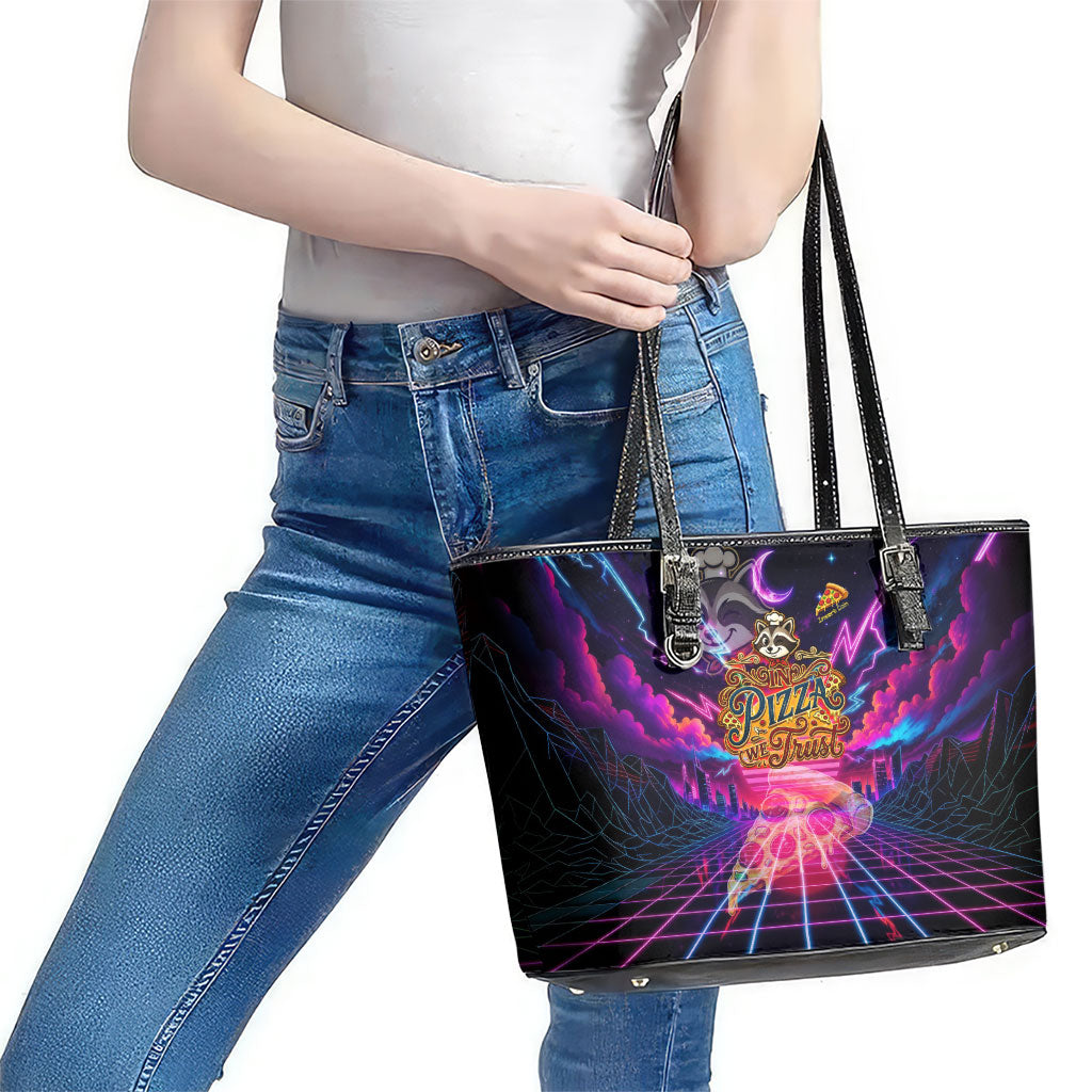 Retro Raccoon Eating Pizza Leather Tote Bag 80s Synthwave Pizza Arcade Neon Gaming Aesthetic