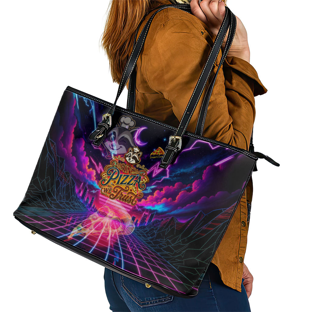 Retro Raccoon Eating Pizza Leather Tote Bag 80s Synthwave Pizza Arcade Neon Gaming Aesthetic
