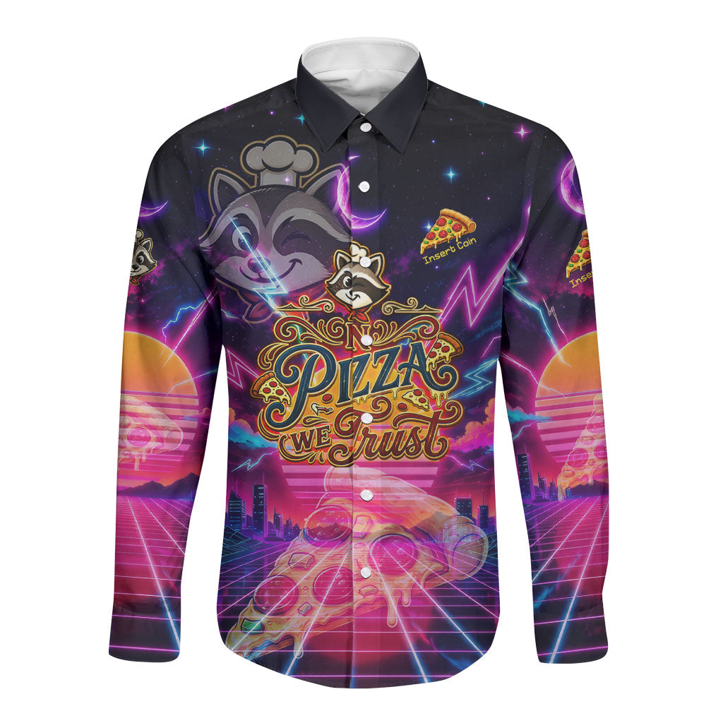 Retro Raccoon Eating Pizza Long Sleeve Button Shirt 80s Synthwave Pizza Arcade Neon Gaming Aesthetic