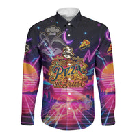 Retro Raccoon Eating Pizza Long Sleeve Button Shirt 80s Synthwave Pizza Arcade Neon Gaming Aesthetic