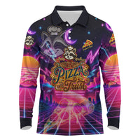 Retro Raccoon Eating Pizza Long Sleeve Polo Shirt 80s Synthwave Pizza Arcade Neon Gaming Aesthetic