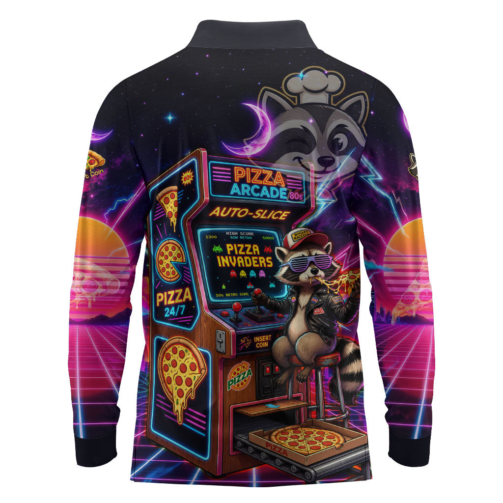 Retro Raccoon Eating Pizza Long Sleeve Polo Shirt 80s Synthwave Pizza Arcade Neon Gaming Aesthetic
