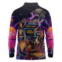 Retro Raccoon Eating Pizza Long Sleeve Polo Shirt 80s Synthwave Pizza Arcade Neon Gaming Aesthetic