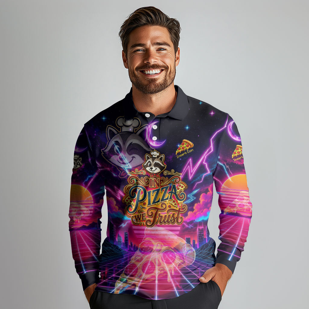 Retro Raccoon Eating Pizza Long Sleeve Polo Shirt 80s Synthwave Pizza Arcade Neon Gaming Aesthetic