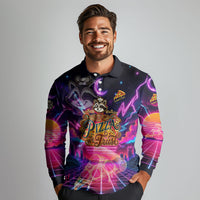 Retro Raccoon Eating Pizza Long Sleeve Polo Shirt 80s Synthwave Pizza Arcade Neon Gaming Aesthetic