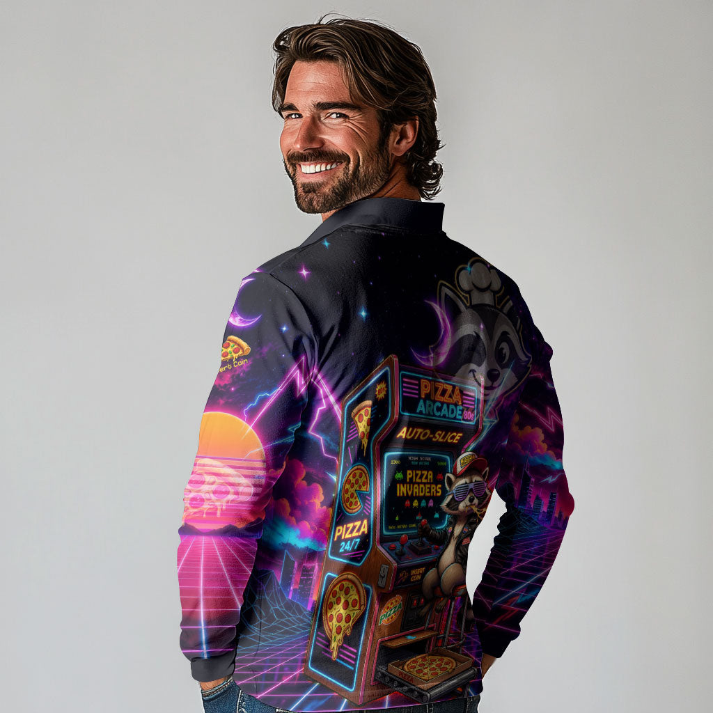 Retro Raccoon Eating Pizza Long Sleeve Polo Shirt 80s Synthwave Pizza Arcade Neon Gaming Aesthetic