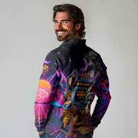 Retro Raccoon Eating Pizza Long Sleeve Polo Shirt 80s Synthwave Pizza Arcade Neon Gaming Aesthetic