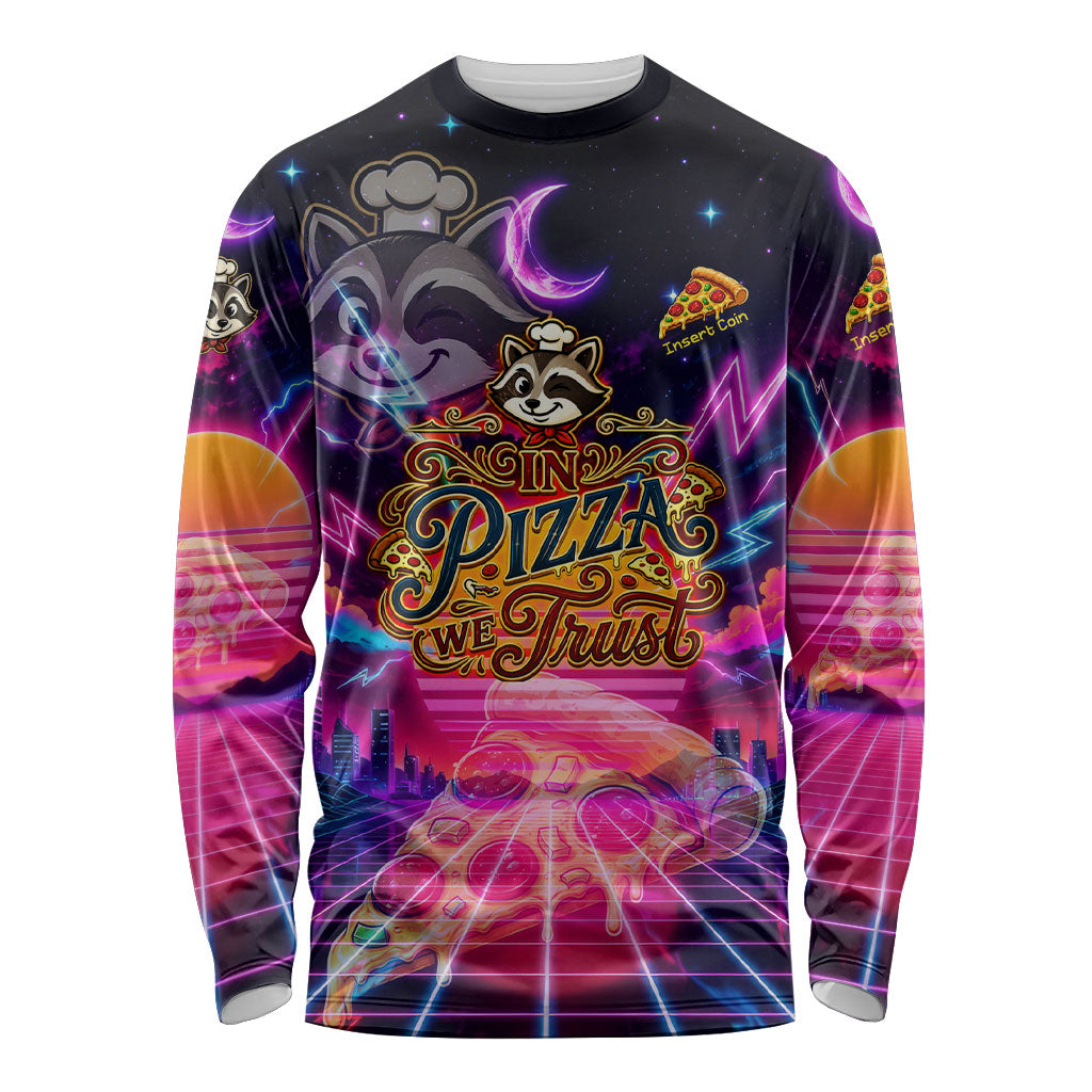 Retro Raccoon Eating Pizza Long Sleeve Shirt 80s Synthwave Pizza Arcade Neon Gaming Aesthetic