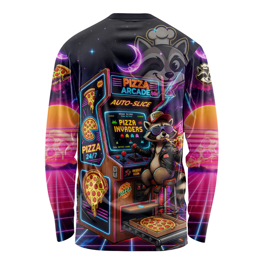 Retro Raccoon Eating Pizza Long Sleeve Shirt 80s Synthwave Pizza Arcade Neon Gaming Aesthetic