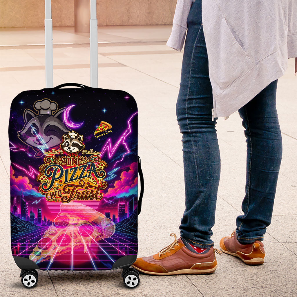 Retro Raccoon Eating Pizza Luggage Cover 80s Synthwave Pizza Arcade Neon Gaming Aesthetic