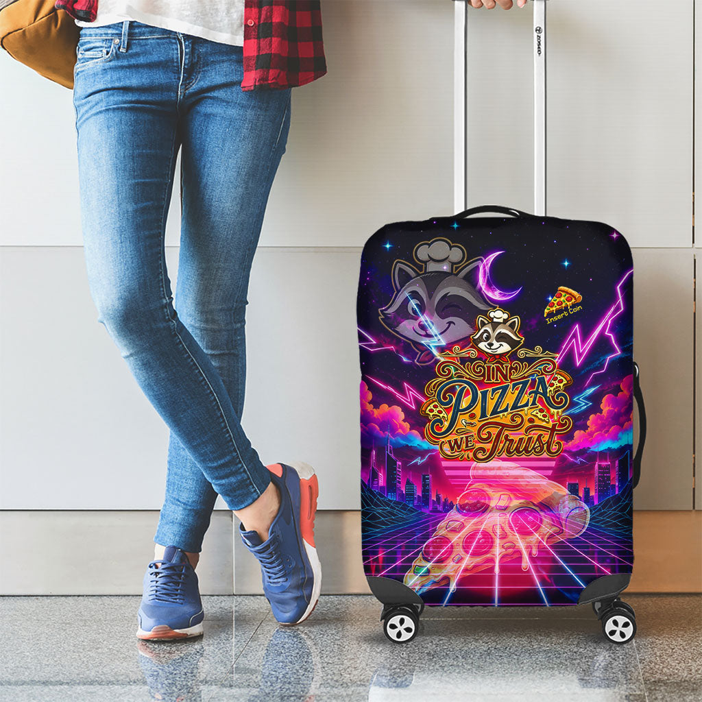 Retro Raccoon Eating Pizza Luggage Cover 80s Synthwave Pizza Arcade Neon Gaming Aesthetic