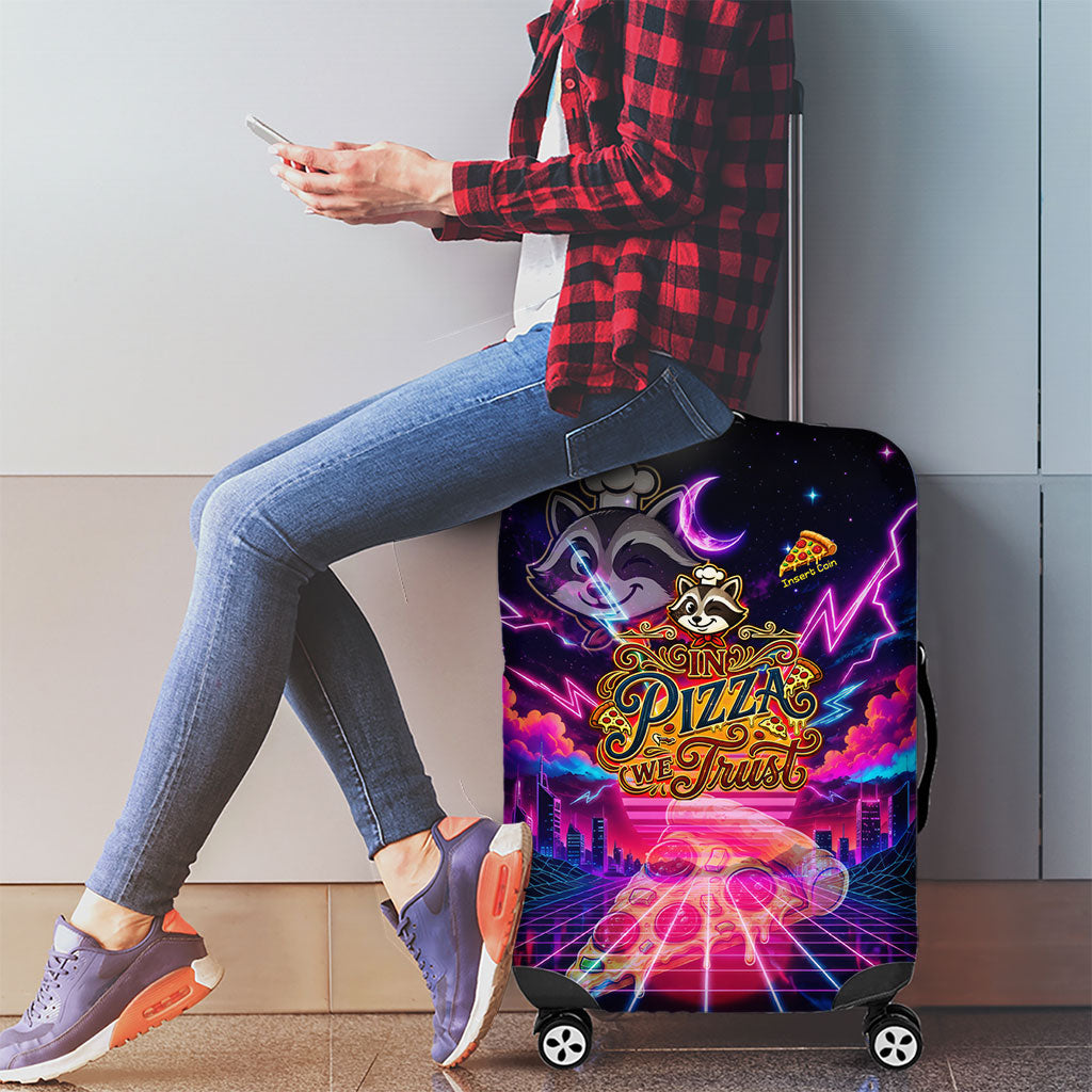 Retro Raccoon Eating Pizza Luggage Cover 80s Synthwave Pizza Arcade Neon Gaming Aesthetic