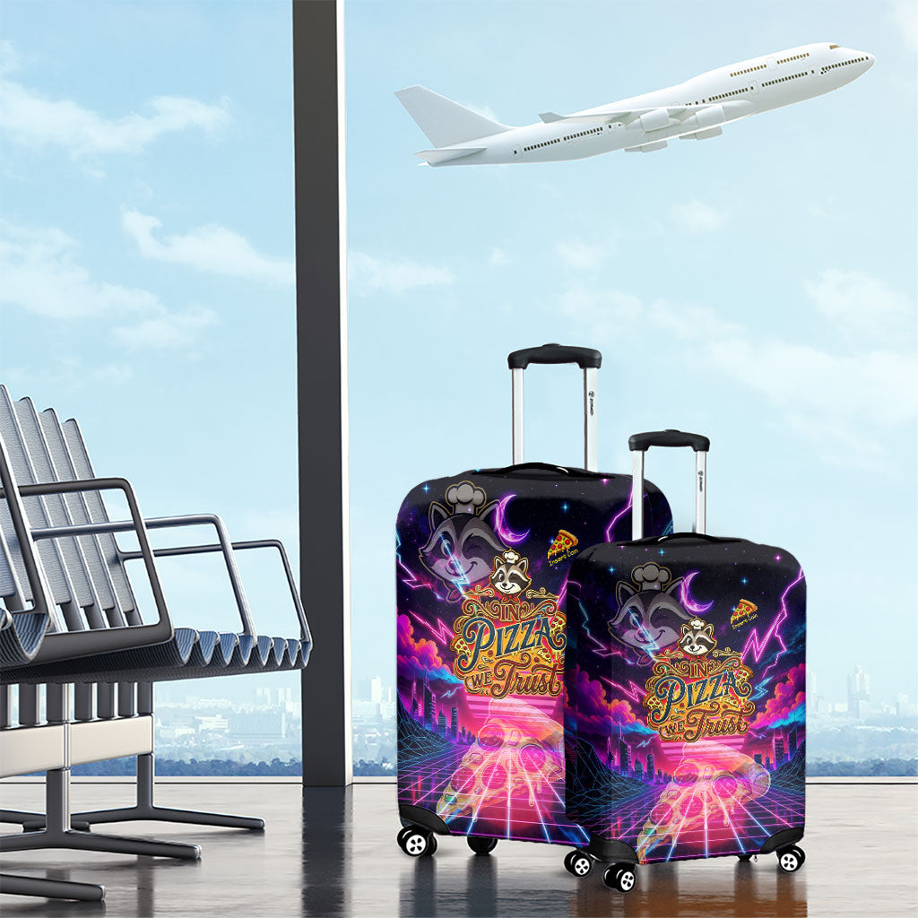 Retro Raccoon Eating Pizza Luggage Cover 80s Synthwave Pizza Arcade Neon Gaming Aesthetic