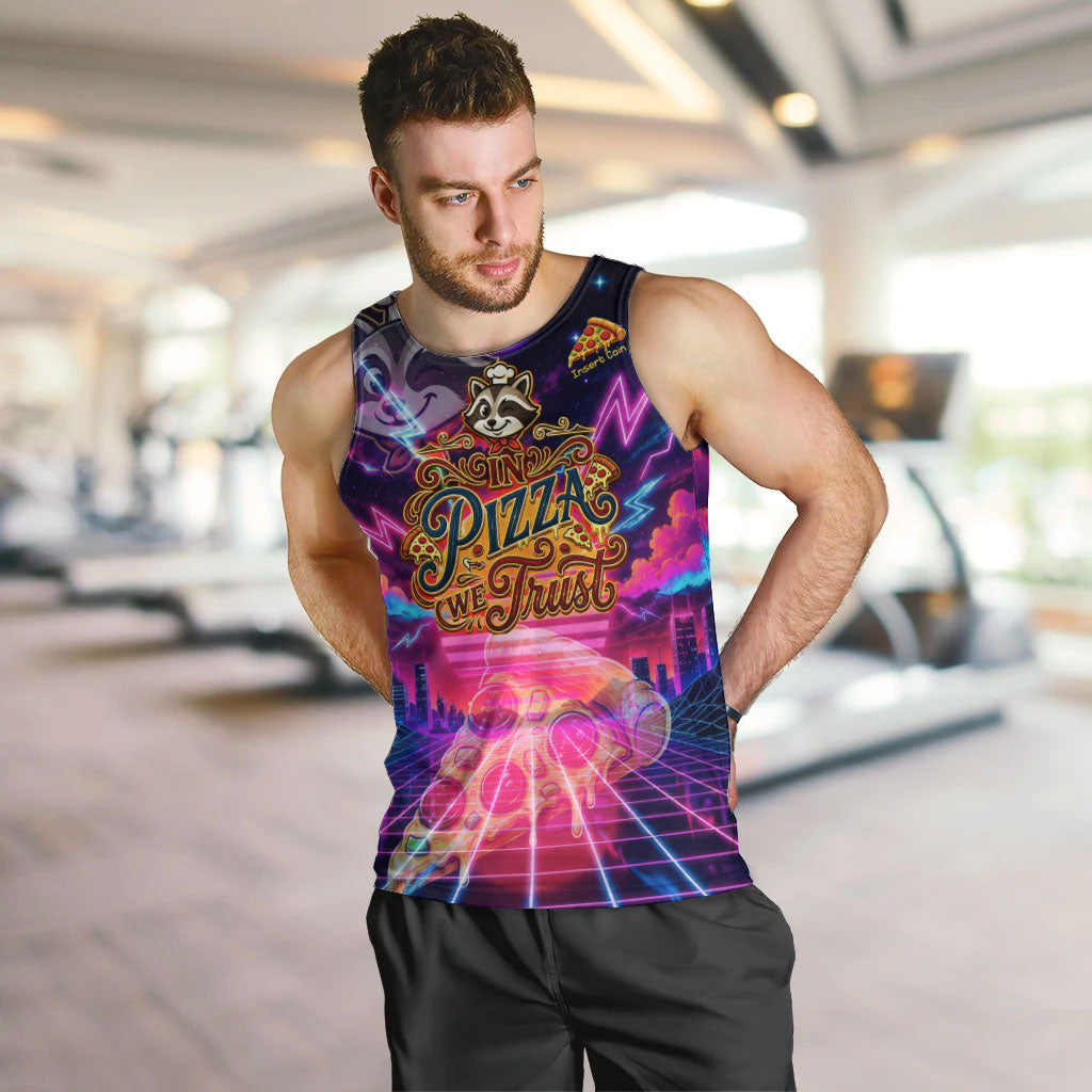 Retro Raccoon Eating Pizza Men Tank Top 80s Synthwave Pizza Arcade Neon Gaming Aesthetic