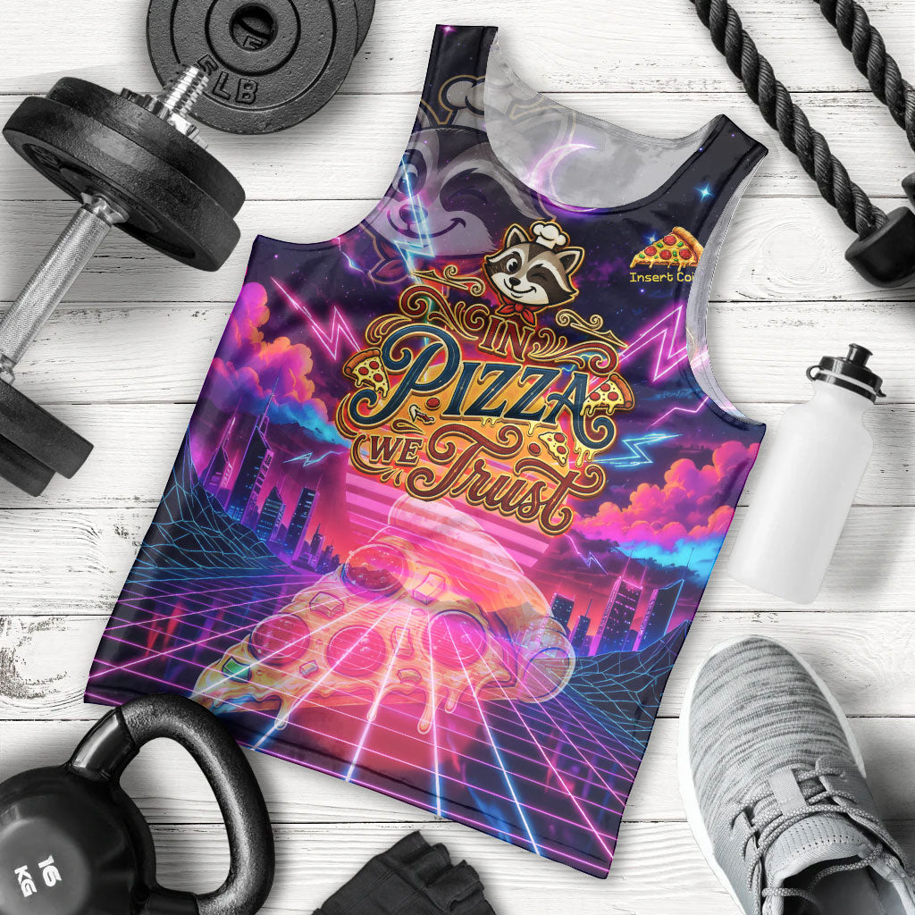 Retro Raccoon Eating Pizza Men Tank Top 80s Synthwave Pizza Arcade Neon Gaming Aesthetic